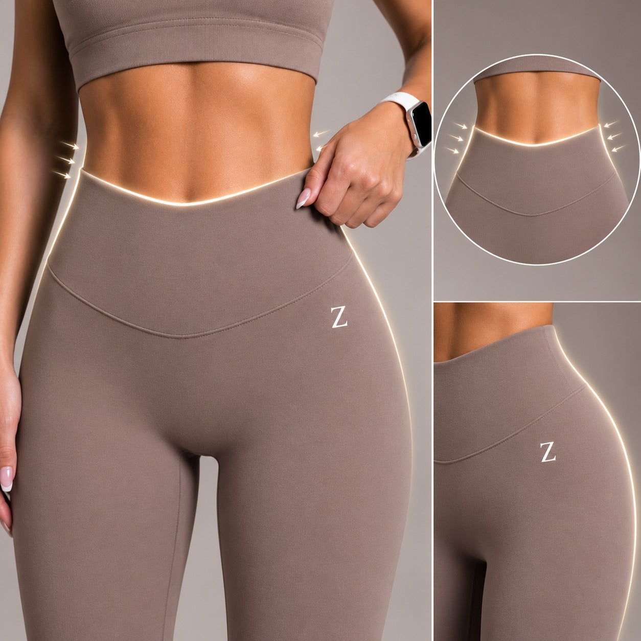 Woman wearing high waist ZANOS yoga tights during a controlled yoga pose