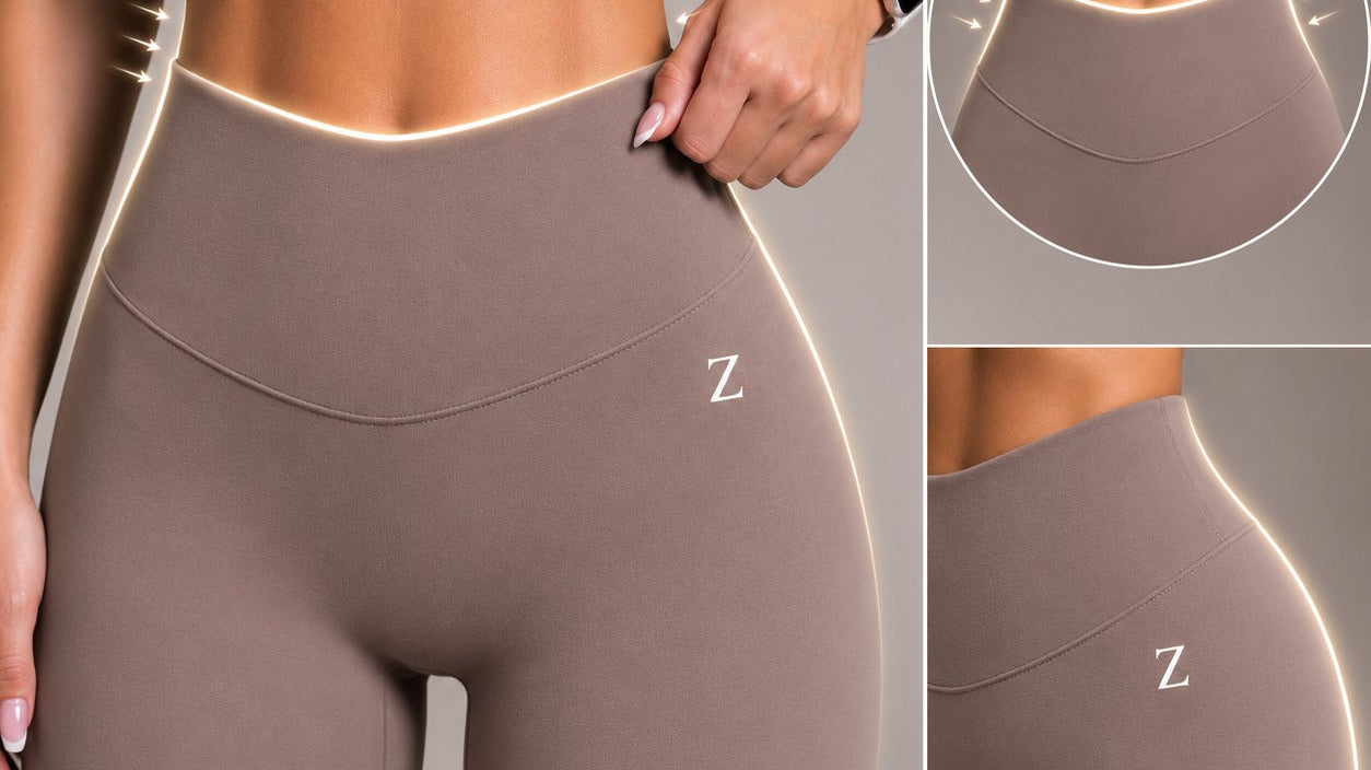 Woman wearing high waist ZANOS yoga tights during a controlled yoga pose