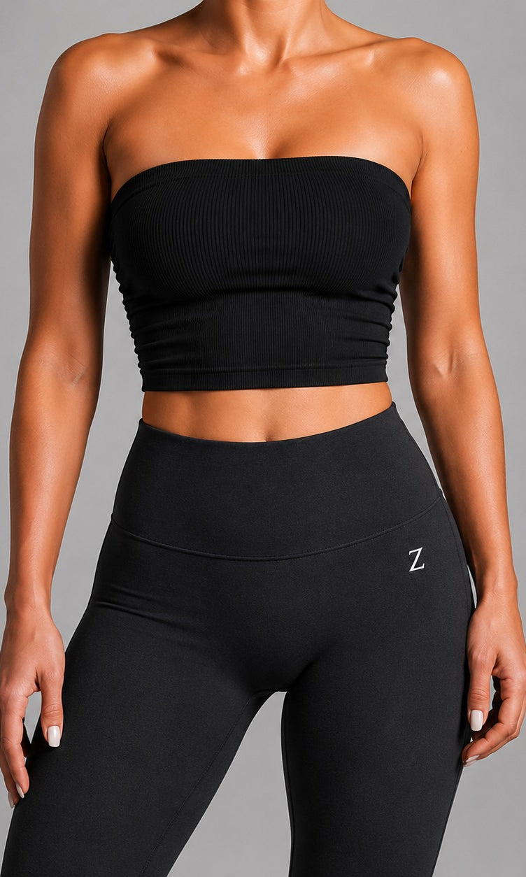Close-up of NOIR Bandeau Top in Black ribbed texture.