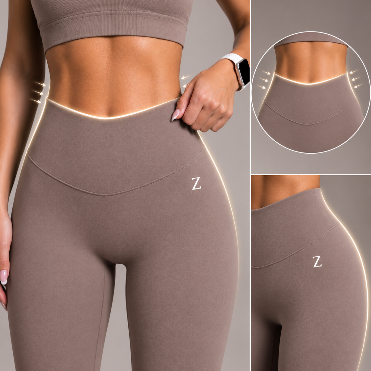 A model wears high-waisted taupe-brown leggings with a matching sports bra. The image includes close-up inset views showing the waistband and hip area, with glowing contour lines and a small 'Z' mark on the leggings.