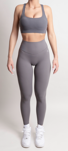 Front view of woman wearing grey NOIR flared leggings by ZANOS Apparel Bestsellers