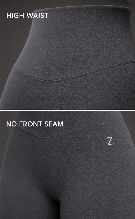 Close-up comparison of dark gray high-waisted leggings showing two fit styles: the top panel labeled 'HIGH WAIST' with a wide waistband, and the bottom panel labeled 'NO FRONT SEAM' with a lower-rise front and a small white 'Z' logo near the hip.