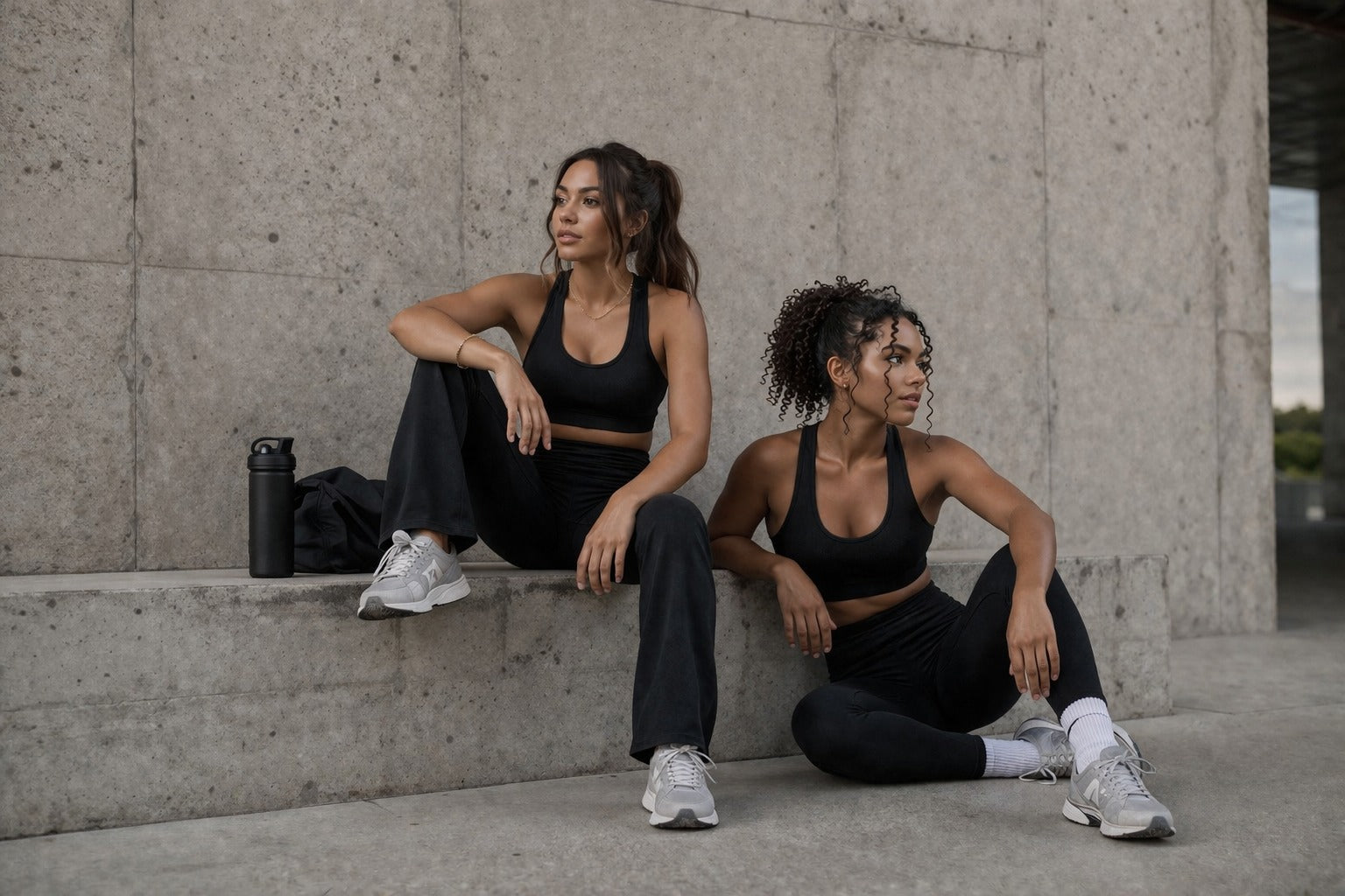 Two women in athletic wear sitting on a concrete surface.