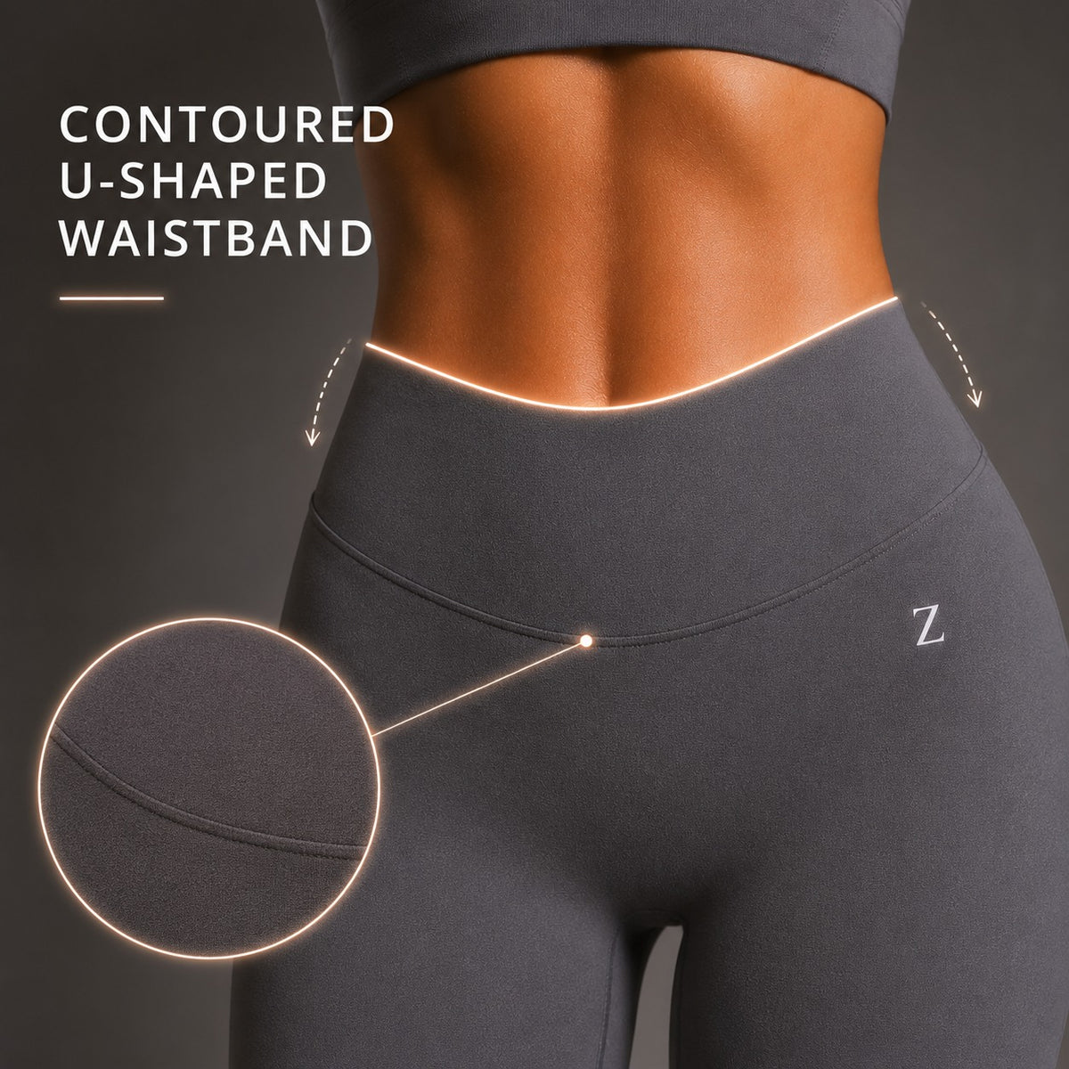 Close-up of a person wearing dark gray contoured U-shaped high-waisted leggings, with text reading 'CONTOURED U-SHAPED WAISTBAND' and a circular inset showing the waistband detail. A small white 'Z' logo is visible on the leg.