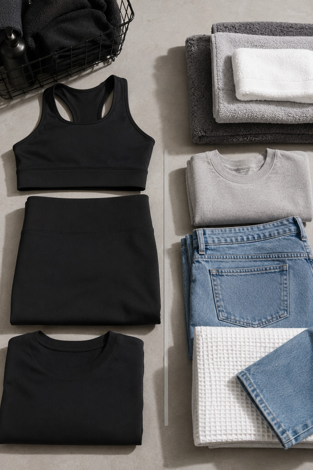 Folded apparel and textiles arranged on a light neutral surface: a black racerback sports bra, black tank top, black T-shirt, gray sweatshirt, light blue jeans, white textured towel, gray towel, and a black basket holding dark fabric.