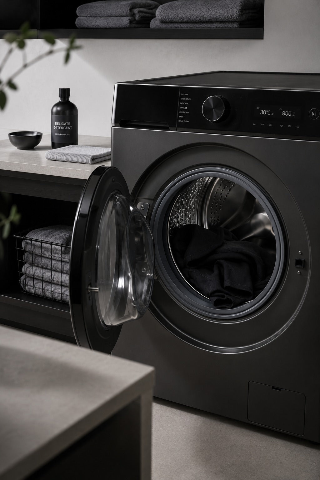 A dark gray front-loading washing machine with its door open, showing a black garment inside the drum. It is set in a modern laundry room next to a counter with a detergent bottle and folded towels.