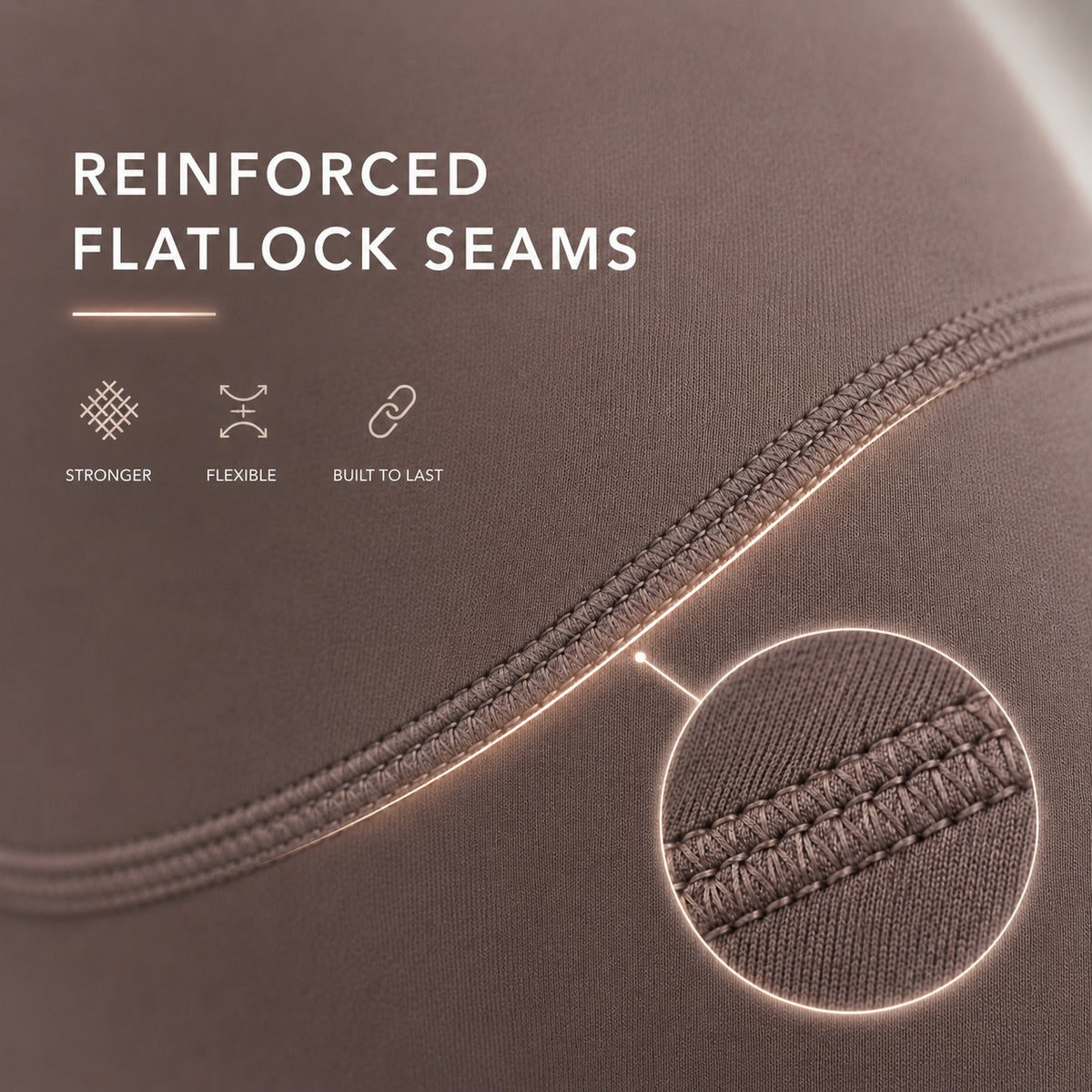 Close-up of a brown fabric product with text reading 'REINFORCED FLATLOCK SEAMS' and small feature icons. A circular inset shows a detailed view of the stitching along a curved seam.