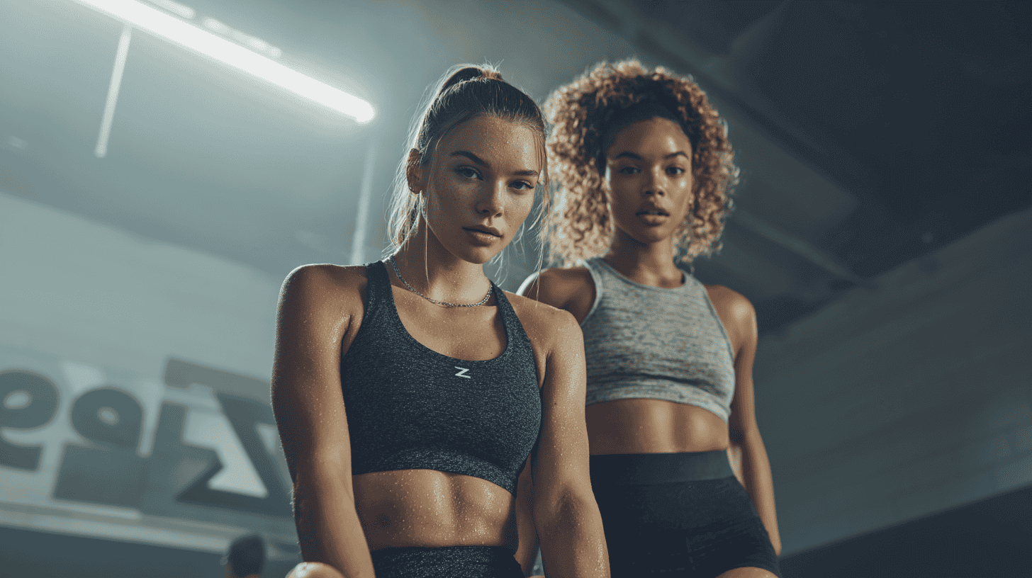 Two women in athletic wear standing in a gym setting